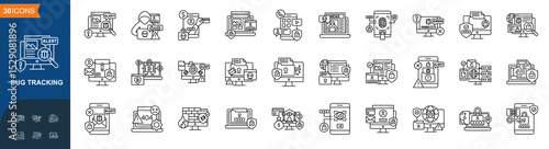 Cyber Security icon collection line style, Bug Tracking, Hacker Activity, Bank Account Hacking, Online Privacy, Application Security, Biometric Verification, Bug Scanning, Vector illustration