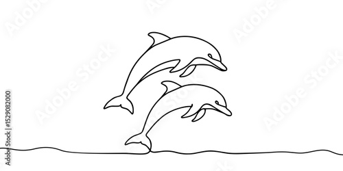 One continuous line drawing of couple of dolphin. Sea animal in wildlife in simple linear style. Summer concept in Editable stroke. Doodle vector illustration