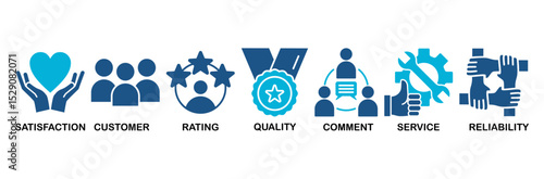 Feedback icon set vector illustration concept with icon of satisfaction, customer, rating, quality, comment, service and reliability