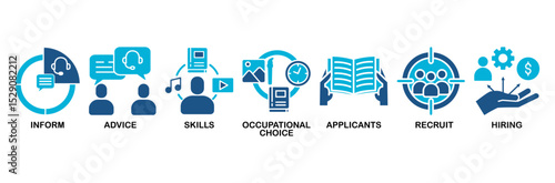 Job fair icon set vector illustration concept for employee recruitment and onboarding program with an icon of the information, advice, skills, occupational, applicants, recruit, and hiring