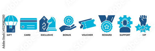 Loyalty program icon set vector illustration concept with icon of gift, card, exclusive, bonus, voucher, reward, support, vip