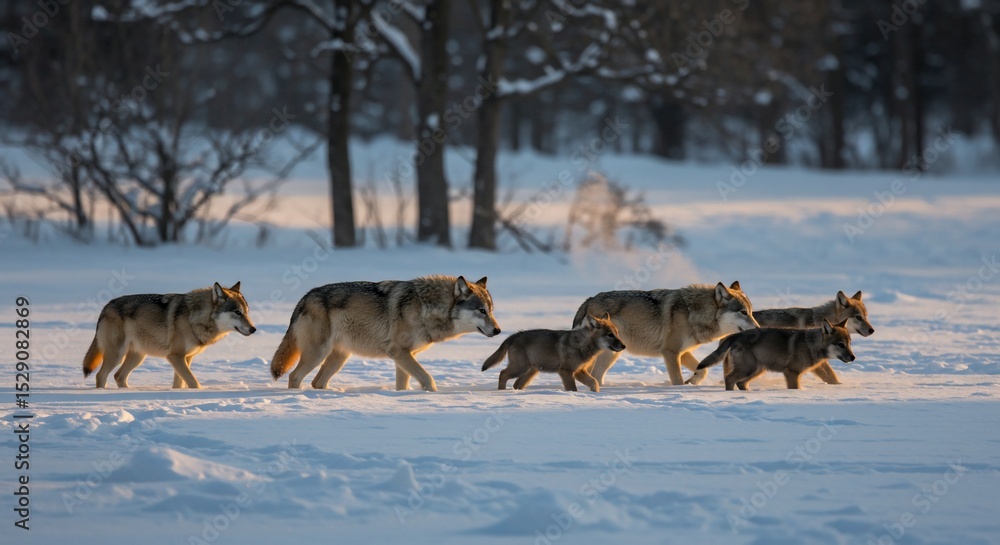 Naklejka premium Majestic wolf pack traversing a pristine snowy woodland landscape during winter sunset