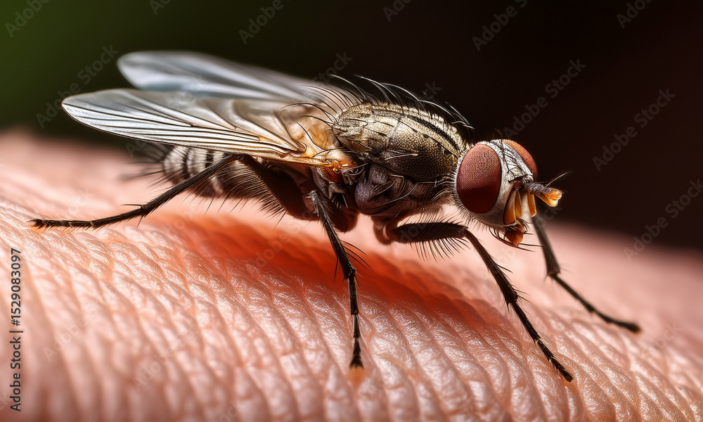 Obraz premium macro shot of a housefly crawling on human skin