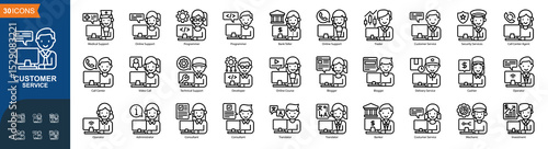 Service Center icon collection line style, Medical Support, Online Support, Programmer, Programmer, Bank Teller, Online Support, Vector illustration