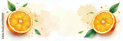 Watercolor orange halves, leaves & abstract spots on white , modern, texture