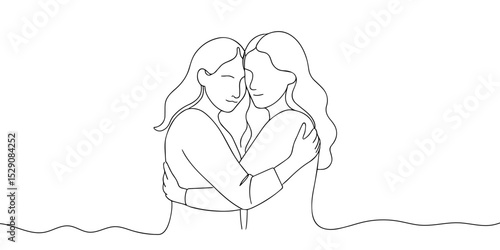 Mother and child hugs continuous line art drawing isolated on white background. Childhood line art drawing. Vector illustration
