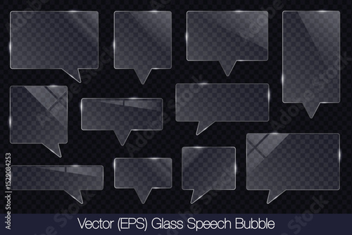 Realistic 3D transparent glass speech bubble in square and rectangle shape with glare, flat glass or plastic plate, flat transparent glass lens, realistic screen glass, window mockup