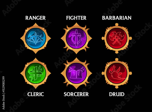 ranger, fighter, barbarian, cleric, sorcerer and druid fantasy game button badge role icon class
