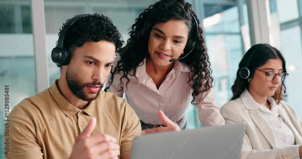 Call center, laptop and mentor with business people in office for sales consultant, advice and help desk. Feedback, contact us and B2B coaching with employees in telecom agency for customer service