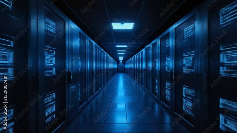 Server room corridor illuminated in blue light with cabinets Server room corridor illuminated in blue light with cabinets