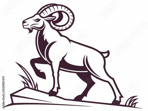 Powerful ram atop a mountain, showcasing strength and ambition.