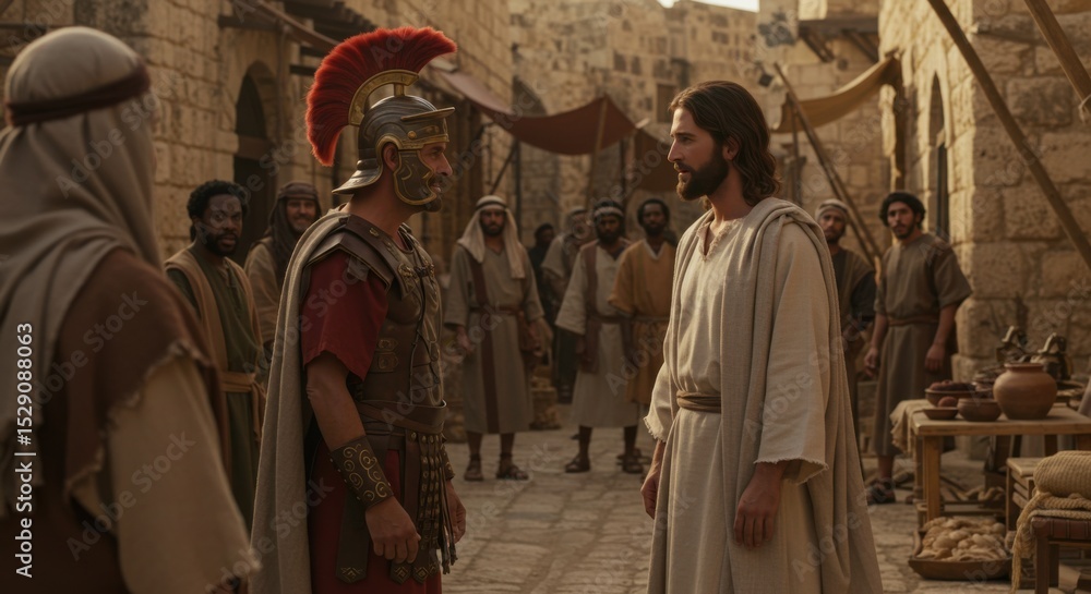 Naklejka premium A man dressed as Jesus Christ and a Roman soldier face each other in an ancient street with a crowd of men.