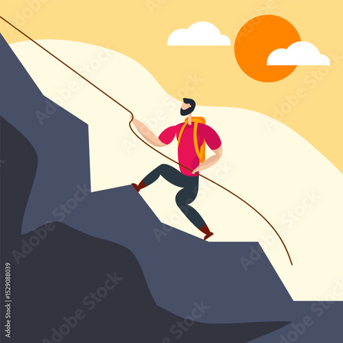A man going hiking, flat illustration style
