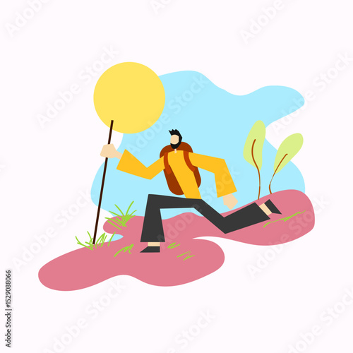 A man going hiking, flat illustration style