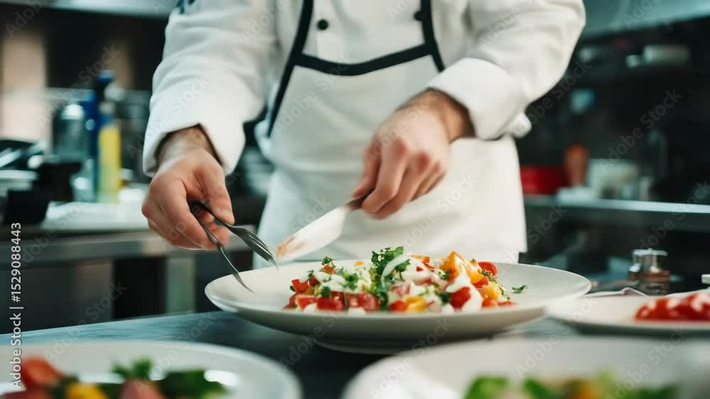 A chef meticulously plates a fresh salad, arranging the ingredients with precision and care in a professional kitchen setting. A chef meticulously plates a fresh salad, arranging the ingredients with precision and care in a professional kitchen setting.