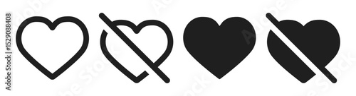 Collection of Love Heart Symbol Icons on Transparent Background. Heart Icon and Crossed Out Heart