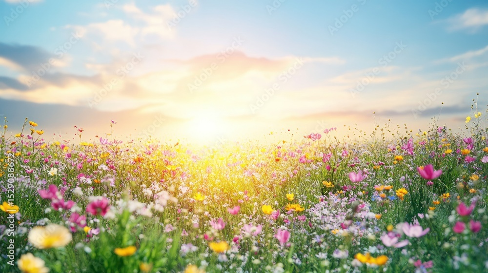Fototapeta premium Vibrant blooming sp meadow with colorful wildflowers under a bright sunny sky du sunrise or sunset, perfect for nature and outdoor themes