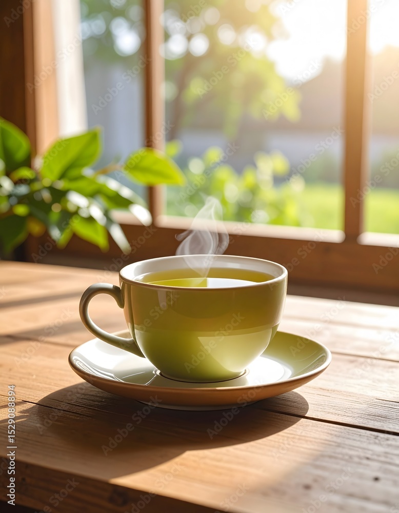 Fototapeta premium Steaming cup of tea in sunlight on a wooden table indoors