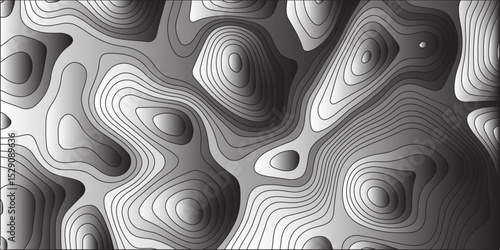 Generate a grayscale abstract topographic map illustration with smooth,flowing contour lines defining varying elevations,creating a sense of depth and three-dimensionality through subtle tonal gradien