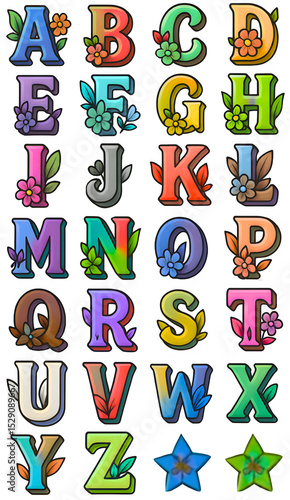 Glossy 3D Floral English Letters A to Z in Bright Colors with Decorative Flowers and Leaves on Black Background, Ideal for Educational, Kids, and Creative Design Projects,transparent background 
