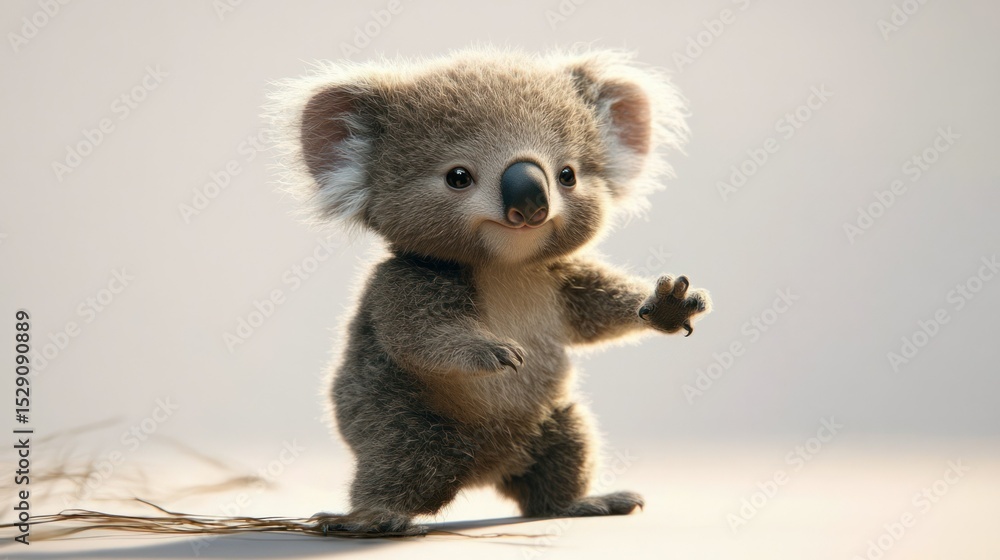 Fototapeta premium Adorable Cute Baby Koala Standing on Its Feet with Fluffy Gray Fur and Big Dark Eyes in a Natural Environment with Soft Lighting and Calm Background