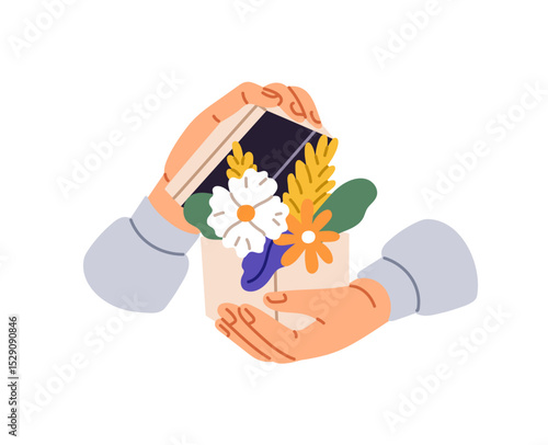 Open box with cute posy of flowers in hands. Person holds, gives little present with bouquet for Womens Day, gets surprise, congratulations for birthday. Flat isolated vector illustration on white