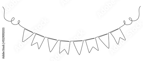 Continuous line art drawing buntings garland. Birthday and jubilee party decoration in simple linear style. Festoon for celebrate carnival and festivals.