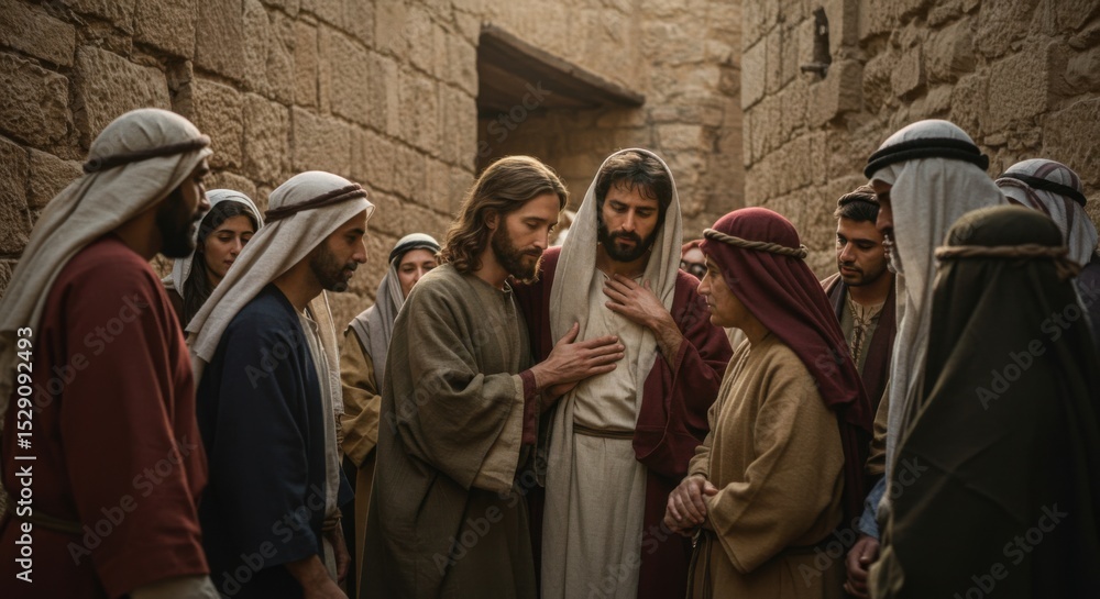 Naklejka premium Jesus Christ is talking to man and woman in ancient Palestine. Biblical times and religious education concept.
