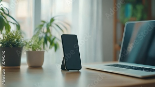 Wallpaper Mural Modern workspace with sleek closed laptop and smartphone on a wooden desk near potted plants and bright natural light in a contemporary home office setting Torontodigital.ca