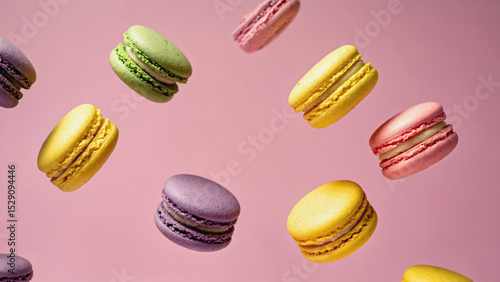 Wallpaper Mural Floating Macarons: A delightful array of pastel-colored macarons floats against a soft pink background, creating a whimsical and appetizing image. Torontodigital.ca