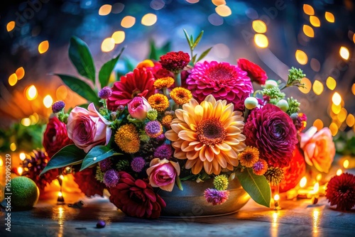 Dark, festive flowers dramatically lit, a captivating floral still life, white background.