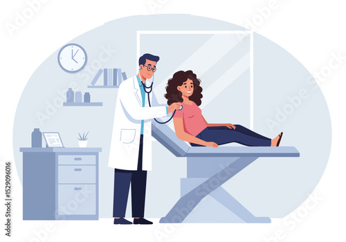 A doctor is examining a female patient using a stethoscope Theyre in a doctors office