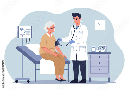 A doctor measures an elderly womans blood pressure in a clinic using a monitor and stethoscope