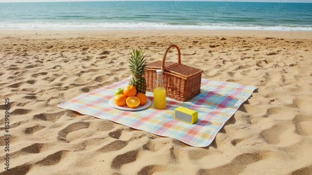 Beach picnic with colorful checkered blanket, fruits, and a wicker basket