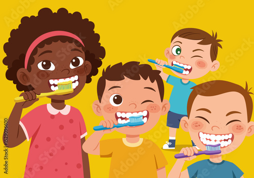 Four cartoon kids are winking while brushing teeth with toothbrushes