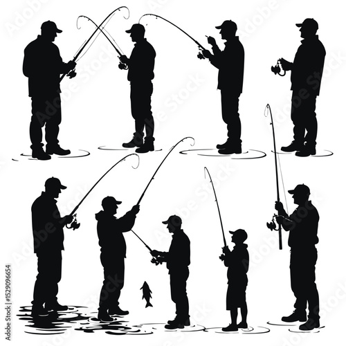 Silhouette Collection of People Fishing in Various Poses, Isolated on White Background.