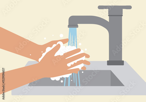 Hands being washed with water and soap over a sink with a tap