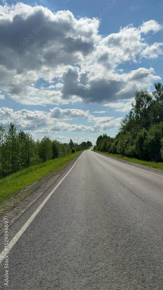 Asphalt road in the countryside on a sunny summer day. Vertical video Asphalt road in the countryside on a sunny summer day. Vertical video