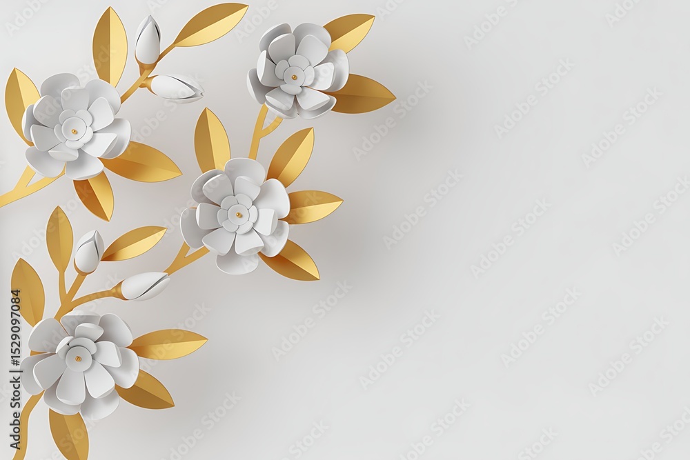 Fototapeta premium Elegant Minimalist 3D Paper Flowers Gold & White Floral Composition