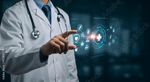 Foto Doctor Navigating Digital Healthcare Interface
