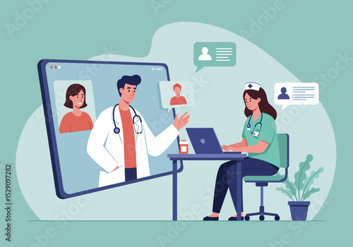 Nurse assists a doctor in an online consultation using a laptop while the doctor interacts via a large tablet