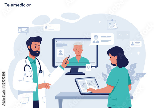 Telemedicine illustration with a doctor nurse patient on screen and laptop