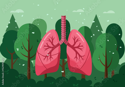 Stylized lungs and trachea shown in a green forest illustration
