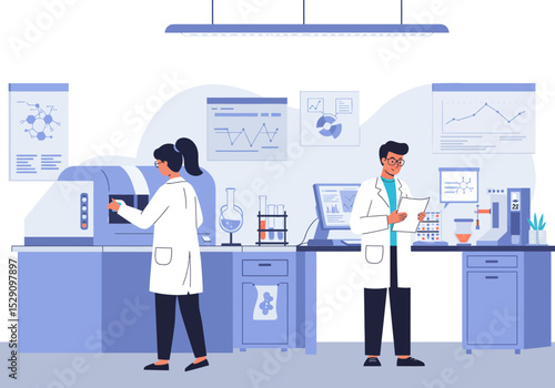 Two scientists in a lab one at a machine the other reading papers both in white coats