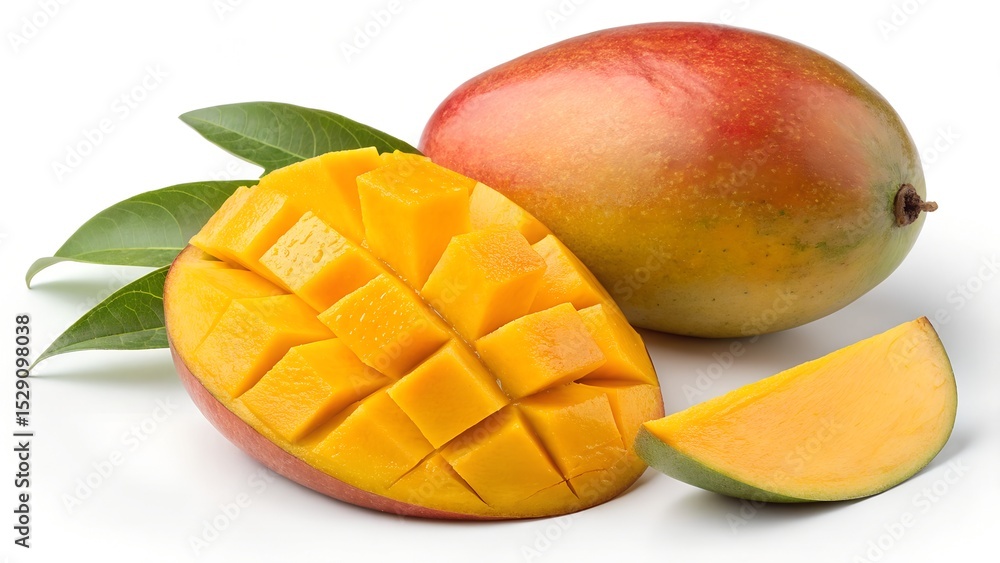 Whole and Sliced Ripe Mangoes with Leaves Whole and Sliced Ripe Mangoes with Leaves