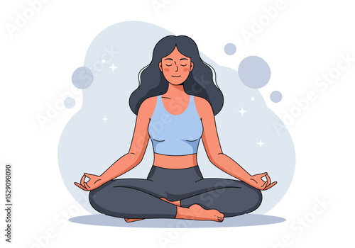 Woman meditating in lotus position serene expression surrounded by soft shapes
