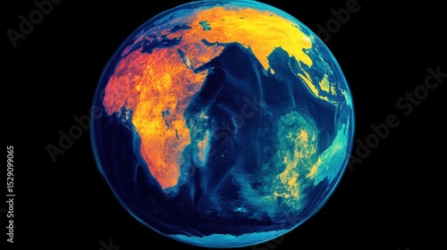 Earth visualization from space displaying heat map of temperature anomalies across continents, illustrating global warming patterns and climate science data insights