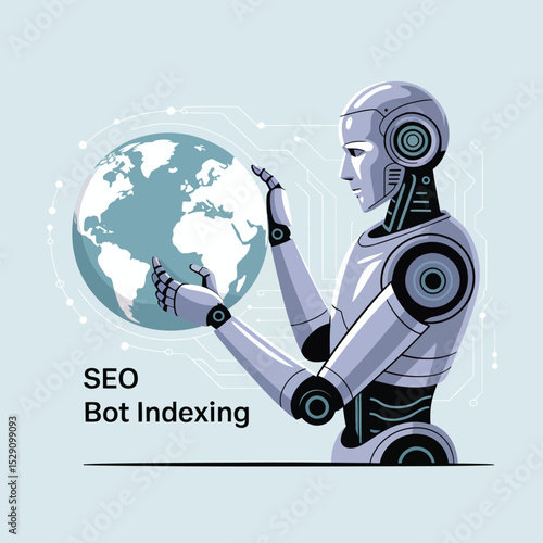 Robot holding earth globe representing seo bot indexing