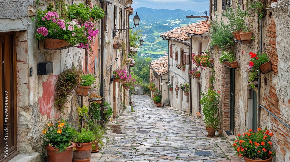 Fototapeta premium Charming Italian street with stone pathway, old buildings, and colorful flowers. A picturesque scene.