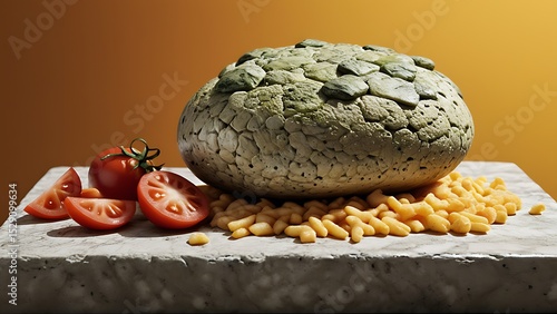 Abstract Culinary Composition - Stone-like Bread, Tomatoes, and Pasta for Creative Food Visuals and Conceptual Food Art Projects.